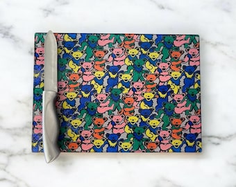 Tabla de cortar de vidrio con diseño de osos bailarines de Grateful Dead – 28 x 20 cm / Vidrio templado / Decoración psicodélica de cocina / Regalo musical