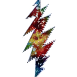May include: A colorful lightning bolt patch with a galaxy-inspired design. The patch features a white border and a vibrant mix of red, yellow, green, and blue hues, creating a cosmic effect. The patch is likely for clothing or accessories.