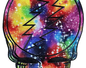 Grateful Dead Gestickt Steal Dein Gesicht Aufnäher | 10 Zoll Aufnähen oder Aufbügeln | Pilz, Musiknote Tie-Dye oder Galaxie Hintergrund