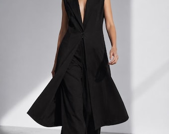 Schwarze ärmellose Weste Jacke Hose mit weitem Bein Set, minimalistisches maßgeschneidertes Co Ord Outfit