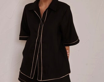 Chemise en lin, chemise noire, 100 % lin biologique, vêtements grandes tailles pour femmes