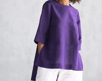 LinenTop, Túnica de verano con cuello redondo, ropa de lino de talla grande para mujer