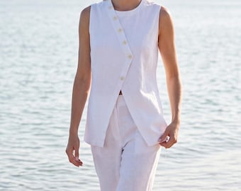 Long Linen Vest, Sleeveless Cardigan Vest, Linen Cardigan Vest