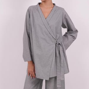 Grey Linen Kimono Top, Grey Linen Wrap Top for Women, 100% Linen Top, Long Sleeve Linen Wrap Top with Tie up, Handmade Relaxed Fit Linen Top