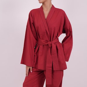 Brick Red Linen Kimono Top, Linen Wrap Top for Women, 100% Linen Top, Long Sleeve Linen Wrap Top with Belt, Handmade Relaxed Fit Linen Top