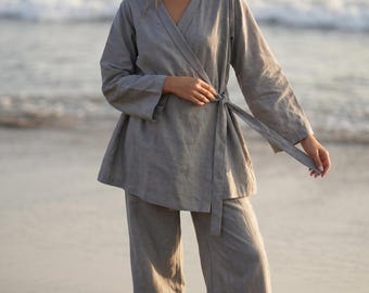 Grijze linnen kimono-overslagtop, relaxte pasvorm