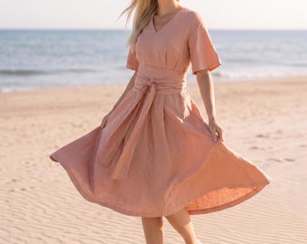 Handgefertigtes Leinen Kimono Midi Kleid, Wickeltaille, V-Ausschnitt Sommerkleidung