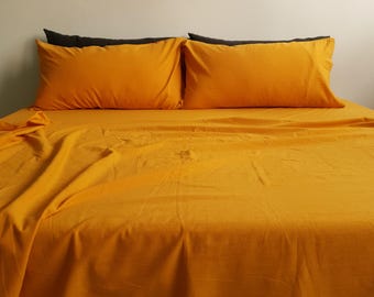 Bio Leinen Bettwäsche Set, Senfgelb mit Krawatten