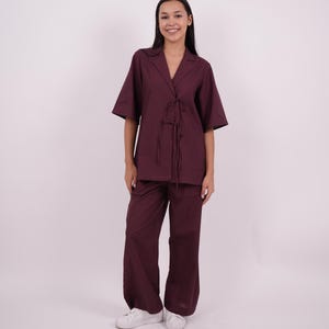 Wine Linen Set, 100% Linen Set, Tie up Linen Top, Linen Plazos, Plus Size Linen Clothing for Women, Linen Sets for Women