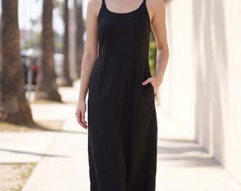Black Organic Linen Maxi Dress, Sleeveless Summer Clothing