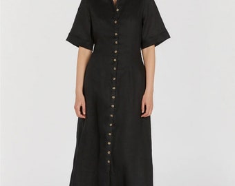 Robe en lin, robe chemise en lin noire, lin 100 % biologique, robe chemise, vêtements en lin grande taille pour femme