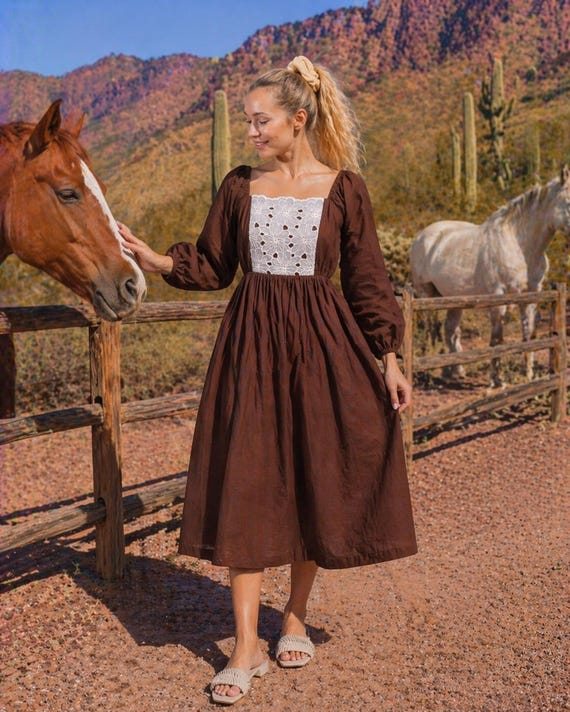linen maxi dress brown Chocolate Brown Linen Dress - Heavy Linen Maxi Dress - Long Sleeve Linen Dress - Plus Size Linen Dress - Boho Dress