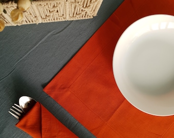 Burnt Orange Linen Placemat and Napkin Set, Handmade Organic Table Decor