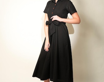 100% Linen Dress, Black Linen Shirt Dress, Summer Linen Dress