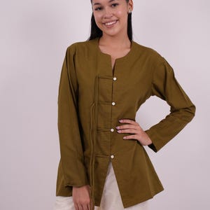 Olive Linen Top, Tie up Top, 100% Linen, Long Sleeves Linen Tops, Plus Size Linen Clothing for Women, Linen Clothing, Summer Tops