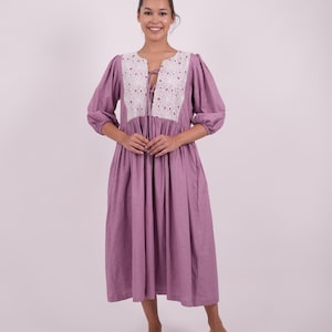 Plum Linen Dress, Embroidered Linen Dress, 100% Linen, Maxi Linen dress, Summer Linen Dress, Autumn Winter Dress