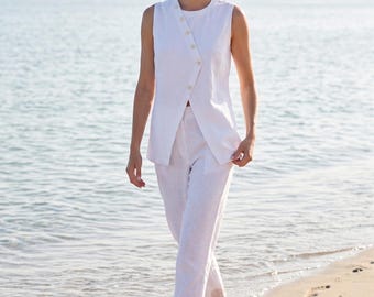 Handmade White Linen Suit Set, Sleeveless Vest & Tailored Pants