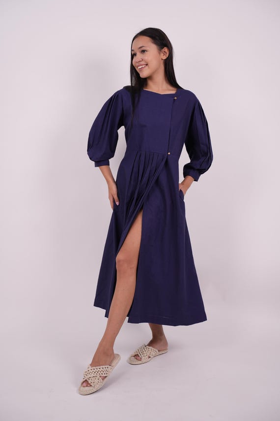 Navy Blue Linen Wrap Dress, Maxi Organic Linen, Plus Size