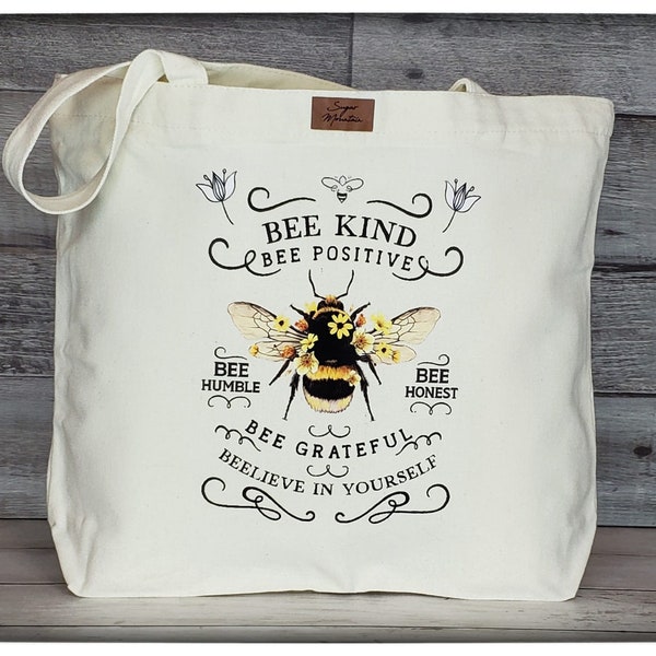 Heavy canvas designer boho chic bee tote bag for bumblebee nature lovers, overnight bag, flea market shopping. 3 styles to choose from.