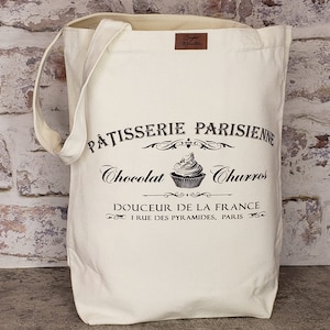 Heavy canvas designer tote bags, overnight bag, flea market shopping.  You will love this Paris Patisserie design.  3 sizes  Shabby Chic