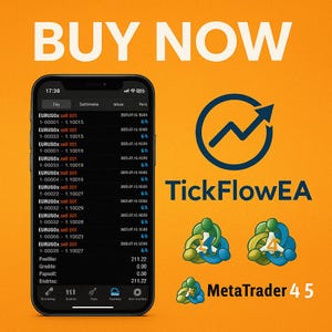 May include: A smartphone screen displays financial data with the text "BUY NOW" in large white letters above. The app logo, "TickFlowEA," is featured with a blue arrow graphic, and the words "MetaTrader 4 5" are at the bottom.