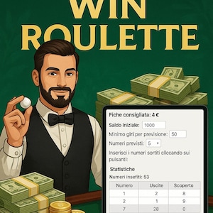 May include: An illustration for a software product called "Software Win Roulette". The image features a man in a tuxedo holding a white ball, stacks of cash, and a digital interface with game statistics.