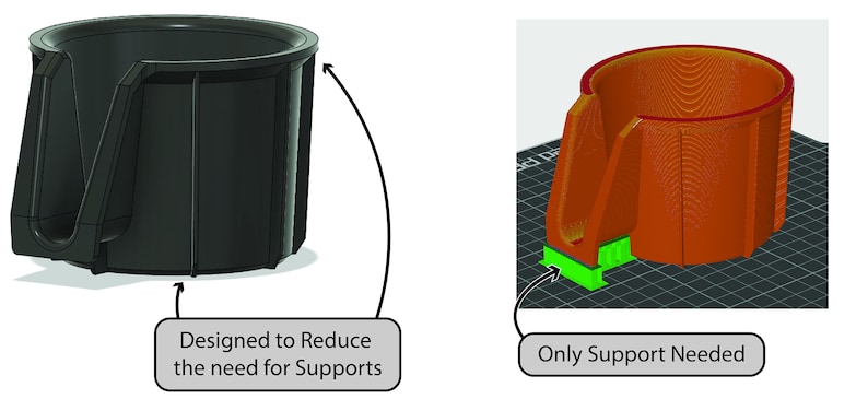 May include: A 3D printed cup holder designed to reduce the need for supports. The holder is printed in black plastic and has a single support needed on the bottom. The support is printed in green plastic.