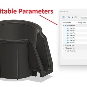 May include: A 3D model of a black cup holder with adjustable parameters. The parameters include overall weight, bottom diameter, top diameter, wall thickness, lip thickness, and rib thickness. The model is shown in a 3D design software interface.