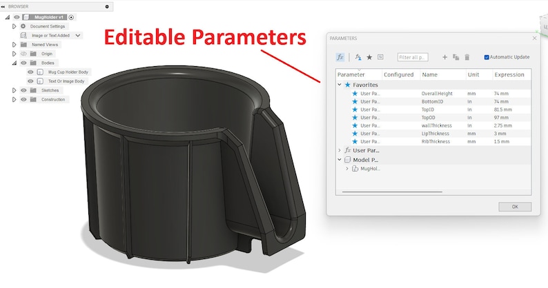 May include: A 3D model of a black cup holder with adjustable parameters. The parameters include overall weight, bottom diameter, top diameter, wall thickness, lip thickness, and rib thickness. The model is shown in a 3D design software interface.