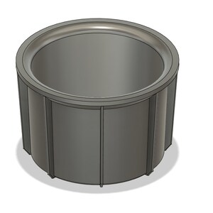 May include: A gray plastic planter with a round top and a cylindrical shape. The planter has a smooth, slightly textured surface.