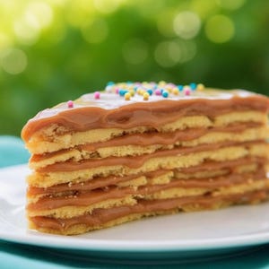 May include: A slice of layered cake with a caramel-colored filling and topping, decorated with colorful sprinkles. The cake sits on a white plate with a fork, against a blurred green background.