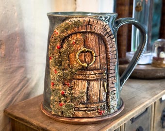 Handmade Teal Ceramic Cottagecore Mug – Fairytale Forest Door