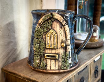 Handmade Blue Ceramic Cottagecore Mug – Fairytale Forest Door