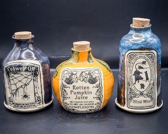 Handmade Ceramic Potion Bottles – Witch Apothecary Decor, Set of 3