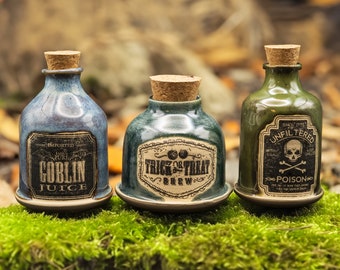 Potion Bottles - Set of 3 - Witchcraft Apothecary Ingredient Magic Spell Reed Diffuser Halloween Gift Underglaze Print