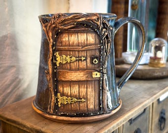 Handmade Ceramic Cottagecore Mug – Fairytale Forest Door, Blue Glaze