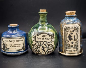 Handmade Ceramic Potion Bottles - Witchcraft Apothecary Set of 3