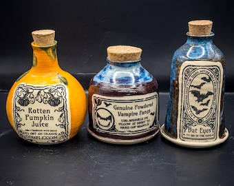 Handmade Ceramic Potion Bottles – Witch Apothecary Decor, Set of 3