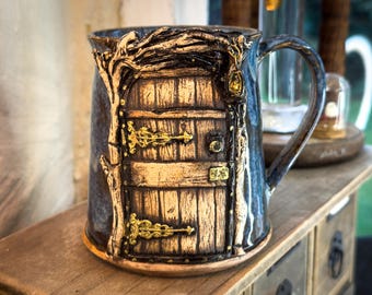 Handmade Blue Ceramic Cottagecore Mug – Fairytale Forest Door, Lantern