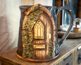 Handmade Blue Ceramic Cottagecore Mug – Fairytale Forest Door, Gold Window
