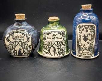 Handmade Ceramic Potion Bottles – Witchcraft Apothecary Decor, Set of 3