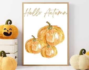 Hello Autumn Pumpkin Printable Wall Art, Fall Season Wall Art, Pumpkin Seasonal Prints, Hello Fall Wall Art, Trio Pumpkin Wall Art