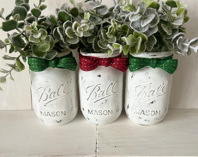Set of 3 Christmas Mason Jars, Christmas Mason Jar Centerpiece, Rustic Farmhouse Décor, Home Decor, Gift, Holiday Decor