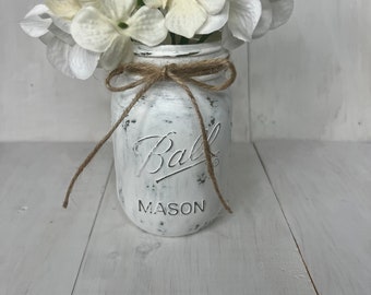 Painted Mason Jar, Mason Jar Centerpiece, Home Decor, Rustic Farmhouse Decor, Mason Jar Decor, White Mason Jar, Wedding Shower