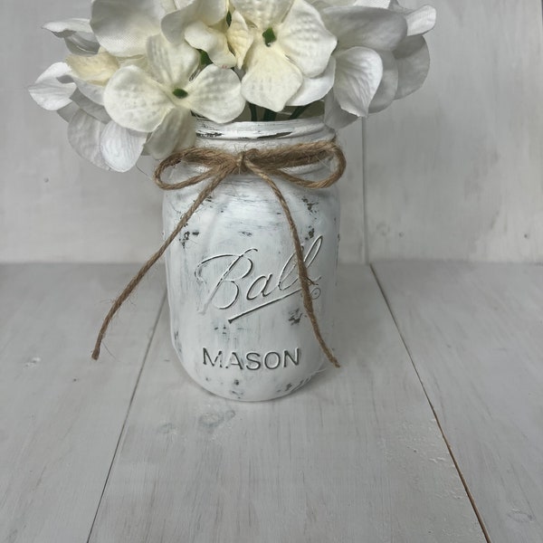 Painted Mason Jar, Mason Jar Centerpiece, Home Decor, Rustic Farmhouse Decor, Mason Jar Decor, White Mason Jar, Wedding Shower