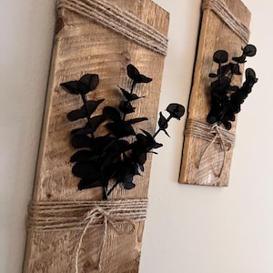 Set of 2 Black Eucalyptus Spray Wood Wall Décor, Rustic Wood Farmhouse Décor, Handmade Wall Art, Modern Eucalyptus Wood Wall Hanging