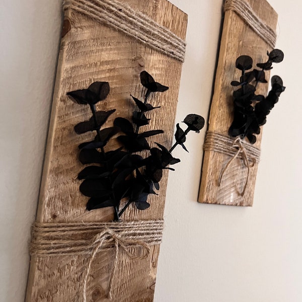 Black Eucalyptus Wood Wall Decor: Rustic Farmhouse Hanging (Set of 2)
