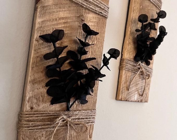 Set of 2 Black Eucalyptus Spray Wood Wall Décor, Rustic Wood Farmhouse Décor, Handmade Wall Art, Modern Eucalyptus Wood Wall Hanging