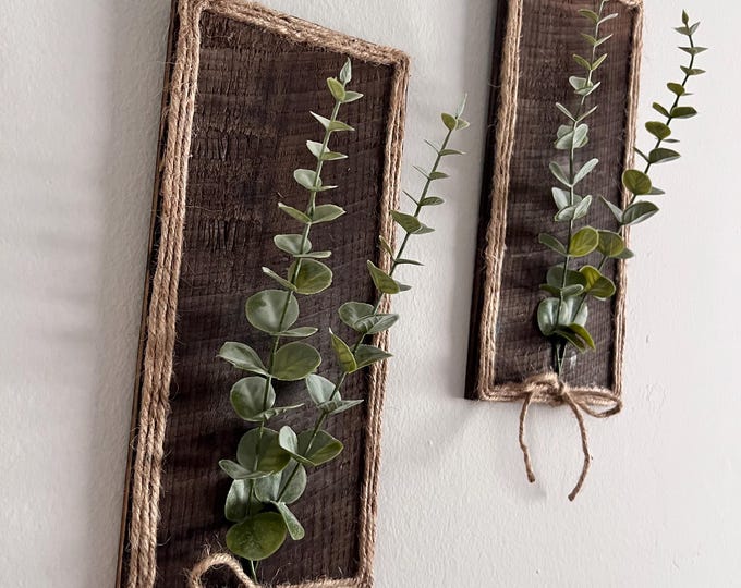 Set of 2 Black Eucalyptus Stem Wood Wall Décor, Rustic Wood Farmhouse Décor, Handmade Wall Art, Modern Eucalyptus Wood Wall Hanging