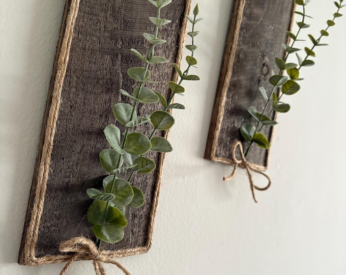Set of 2 Green Eucalyptus Stems Wood Wall Décor, Rustic Wood Farmhouse Décor, Handmade Wall Art, Modern Eucalyptus Wood Wall Hanging